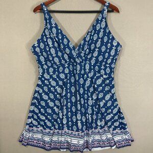 BloomChic Swimsuit Women's 18-20 Blue Geometric 1 Piece Swim Dress Padded NWT